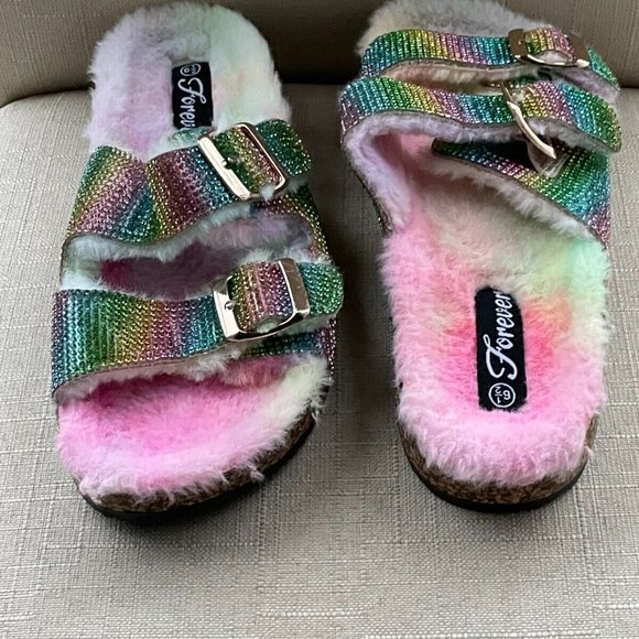 Forever21 Women Sandal Shoes Multi Color Bling Faux Fur Shoes Size 6.5 - Picture 4 of 11